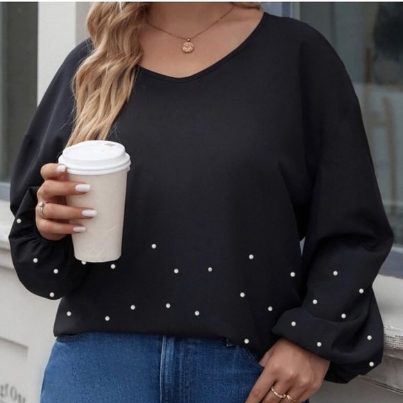 Black long sleeve top, with pearl beads, lantern sleeves, 3XL, SHEIN - Picture 9 of 10